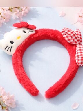 Hello Kitty Red Plush Headband with Multicolor Pom Accents